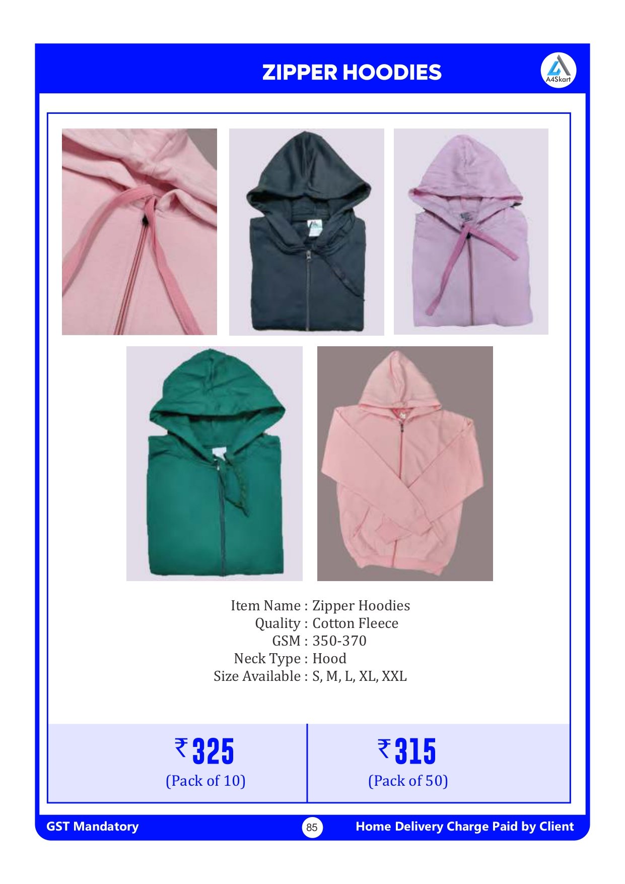 Zipper Hoodies Cotton Fleece 350-370 GSM