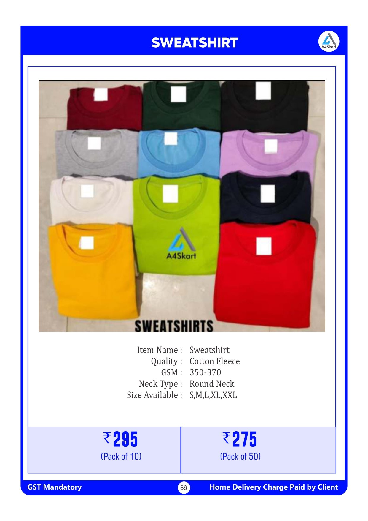 Sweatshirt Cotton Fleece 350-370 GSM